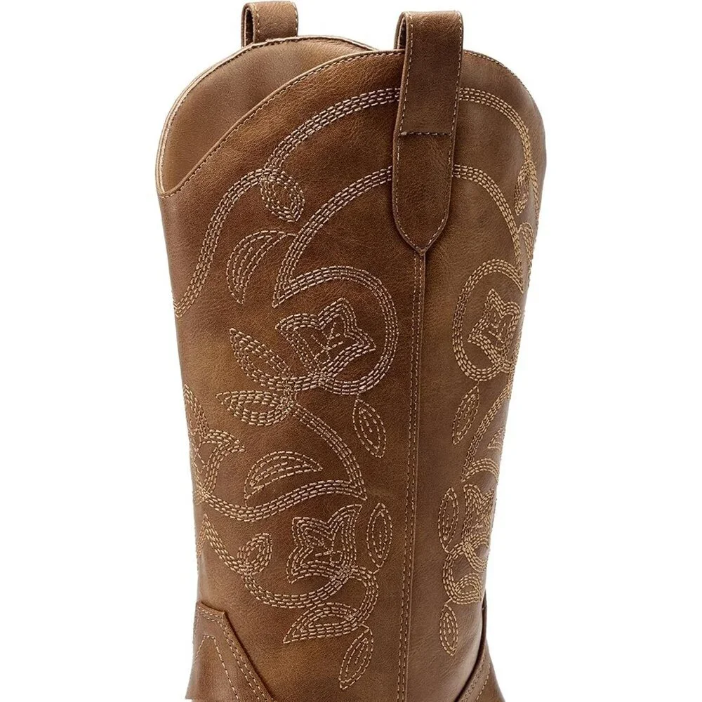 Dream Pairs Women's Tan Cowgirl Western Boot Fashion Embroidery Mid Calf Boots - Picture 6 of 6